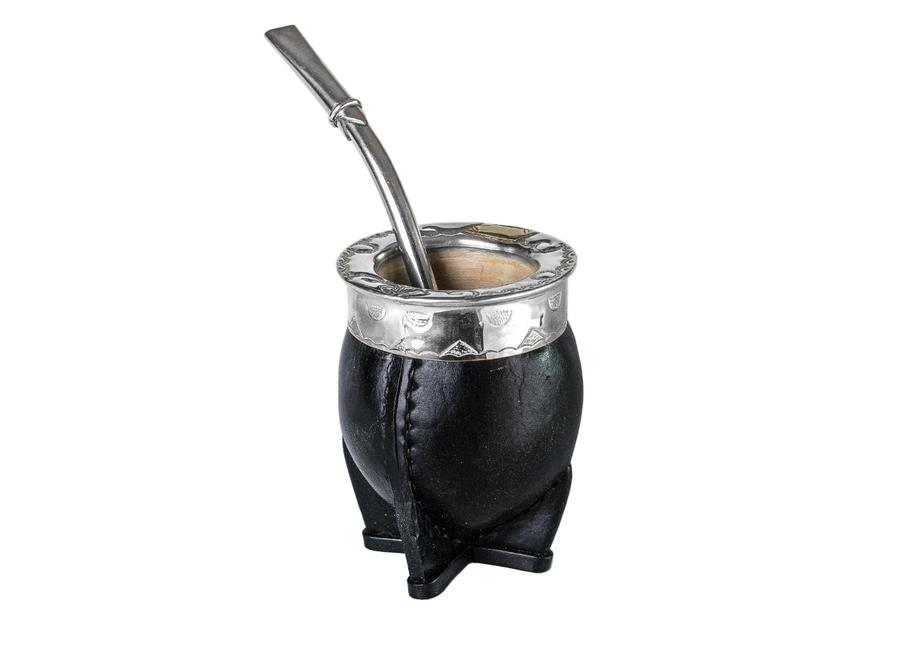 Argentinian Mate Cup: Imperial Style in Chiseled Alpaca & Black Leather