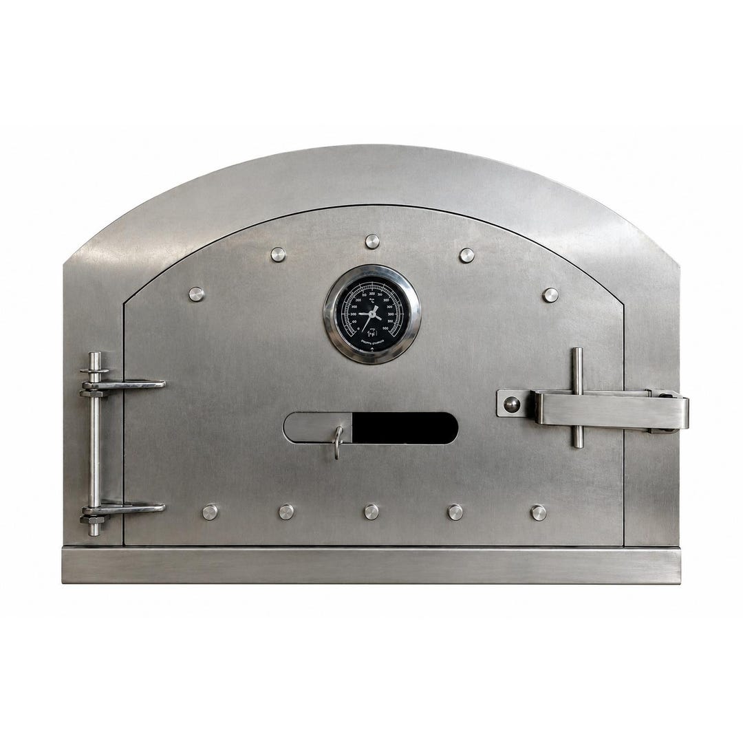 Stainless steel pizza oven door with built-in thermometer