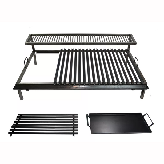 Two-Level Argentine V-Grill with Griddle | Adjustable Parrilla with Removable Legs | Dual Cooking Surface