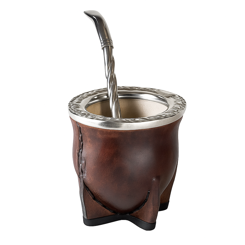 Gourd Mate Cup: Camionero Style in Chiseled Alpaca & Brown Leather