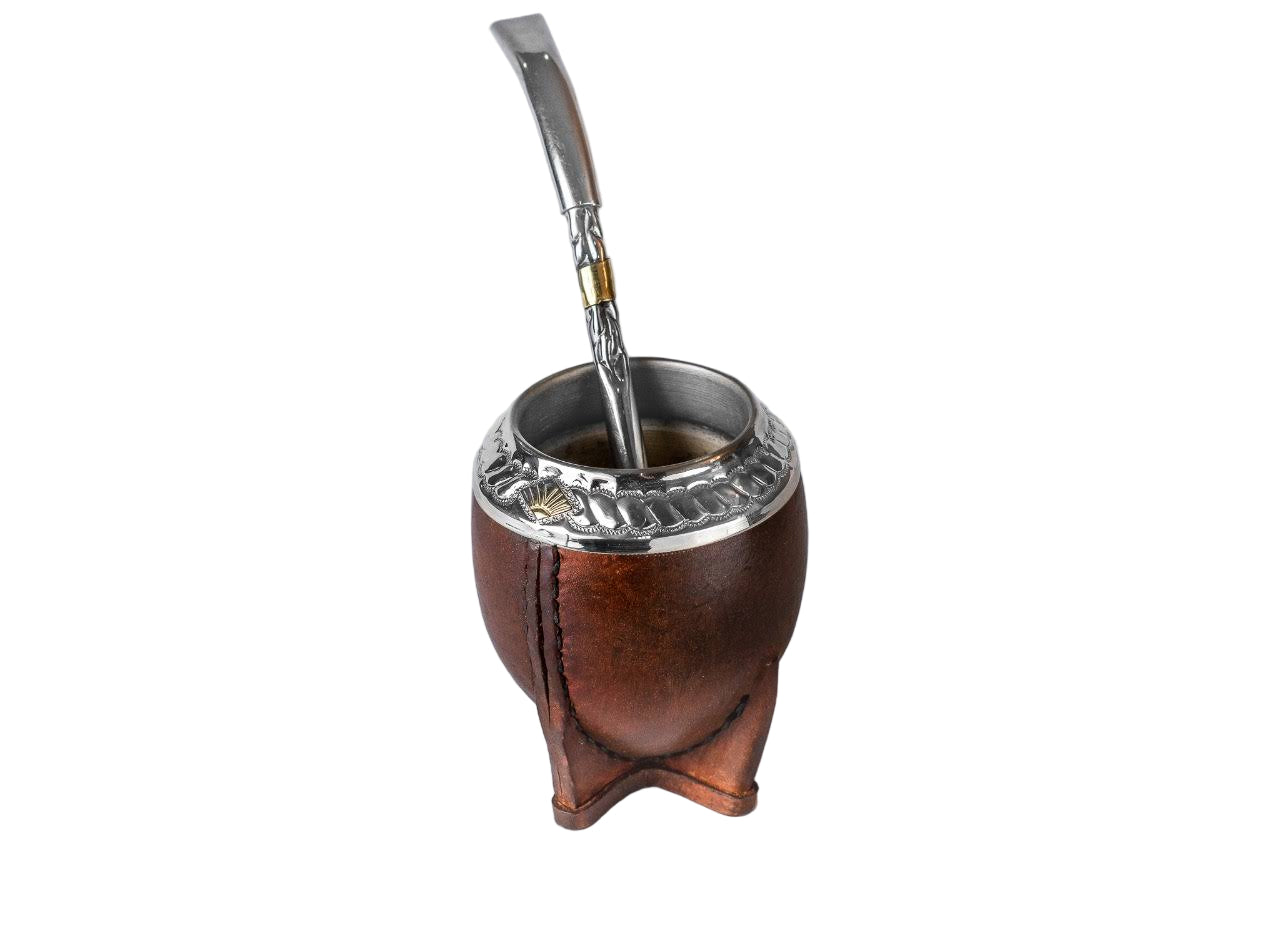 Gourd Mate Cup: Torpedo Style in Chiseled Alpaca & Brown Leather