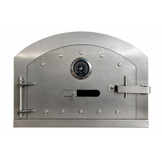 Stainless steel pizza oven door with built-in thermometer