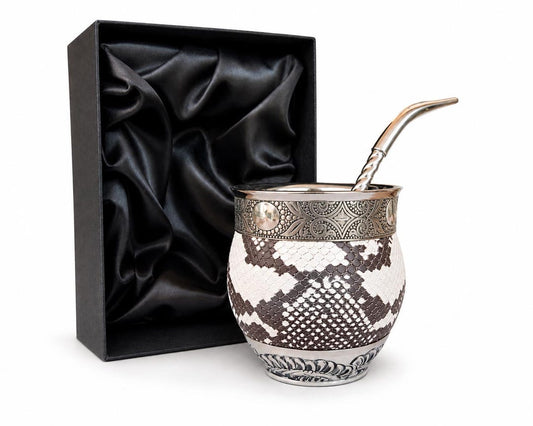 Imperial mate gourd cup with alpaca silver and snake-print leather