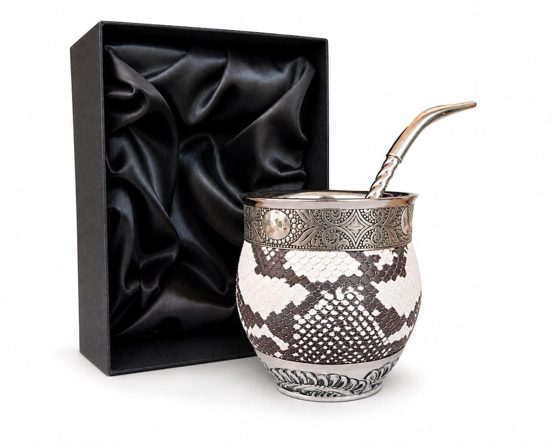 Imperial mate gourd cup with alpaca silver and snake-print leather