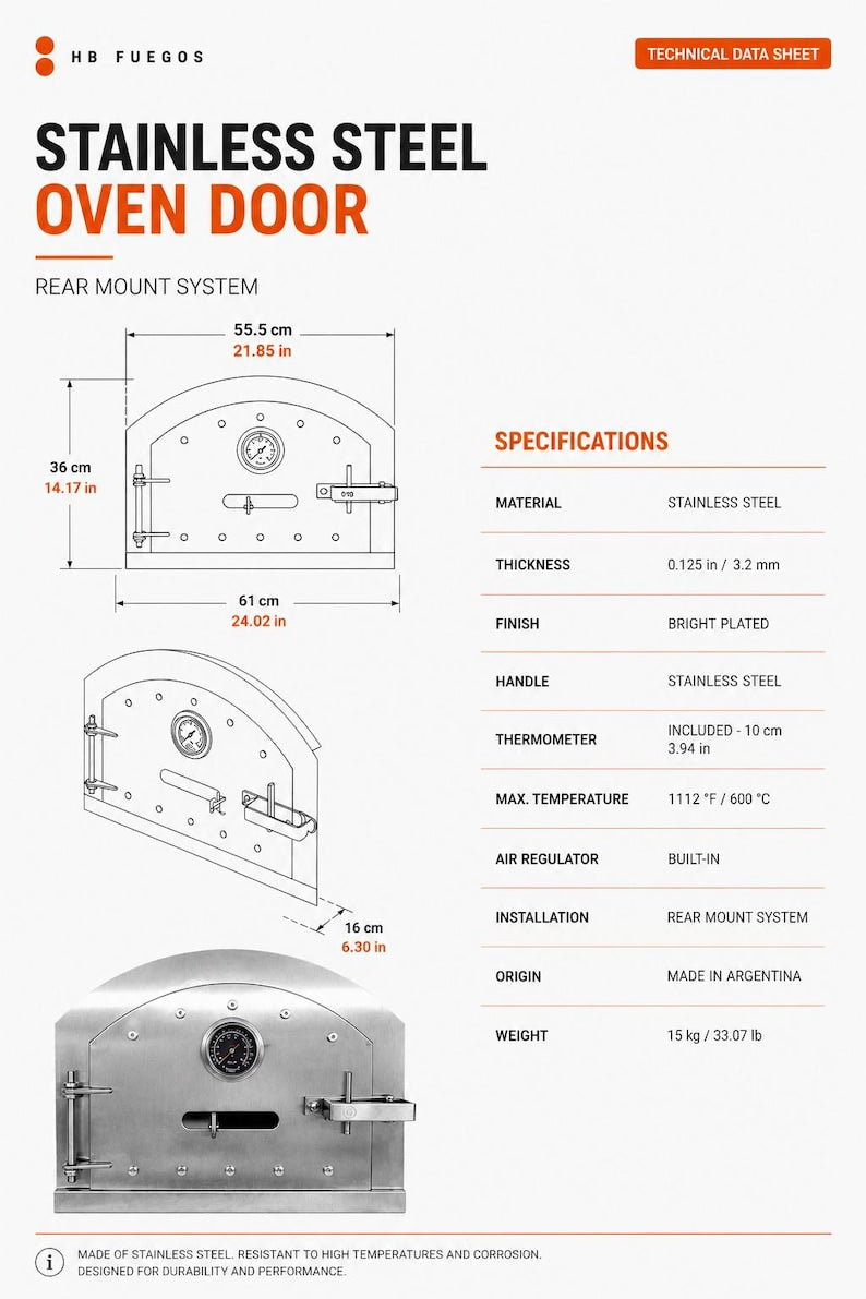 Technical dimensions of stainless steel oven door