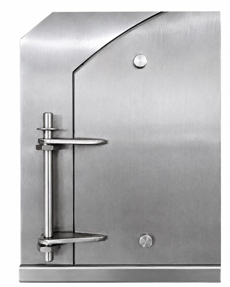 Rear-mount hinge system on stainless steel oven door