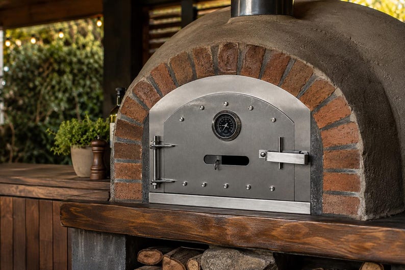 Wood-fired pizza oven with stainless steel door installed