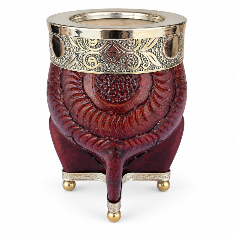 Imperial gourd mate cup with hand-tooled leather