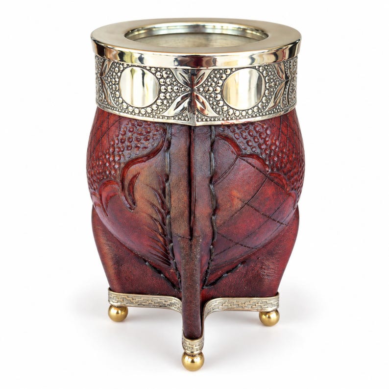 Red leather mate cup with embossed circular pattern