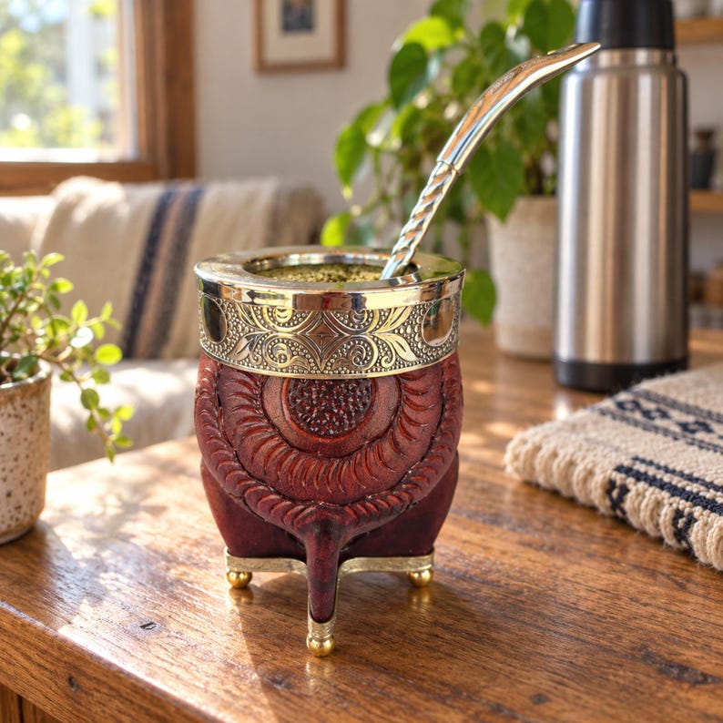 Reddish-brown leather mate with brass floral rim