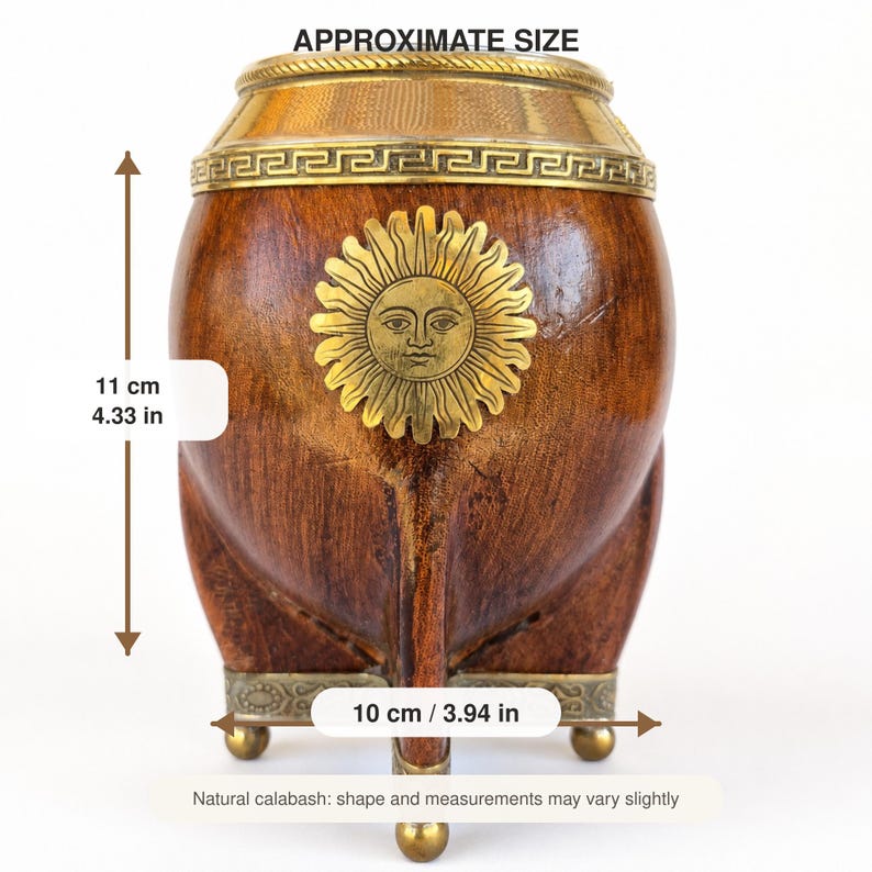 Mate gourd with brass rim and sun emblem, dimensions shown