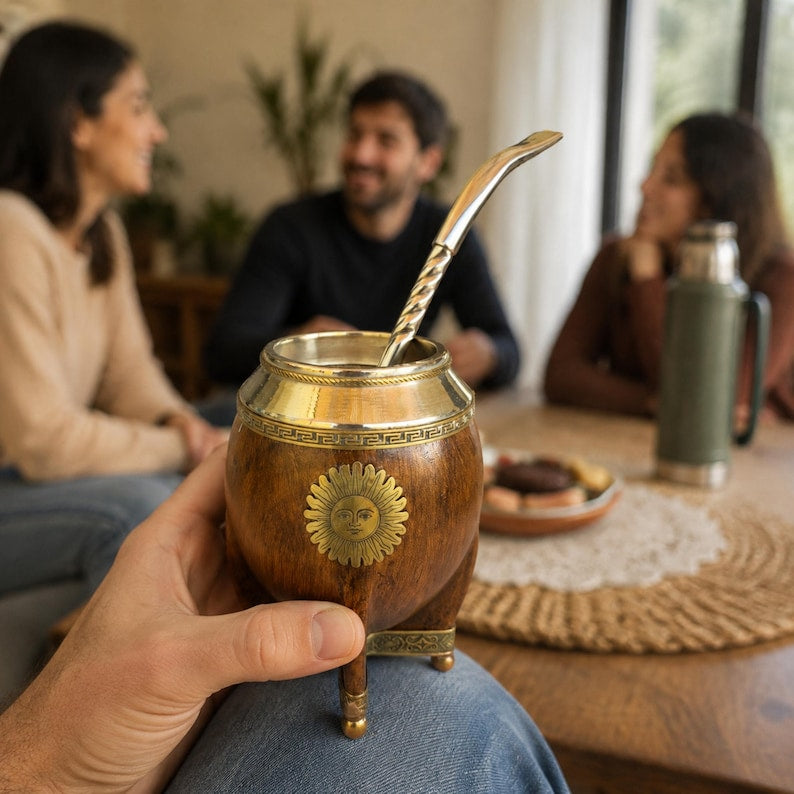 Mate gourd with bombilla and brass feet