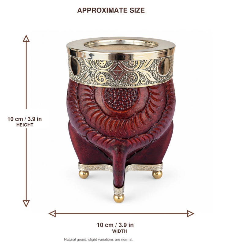 Dark red mate gourd with floral metallic rim