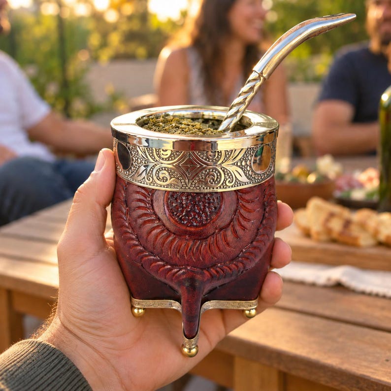 Brown leather mate with embossed floral pattern and bombilla